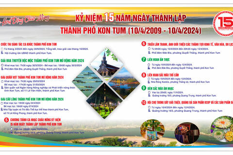 Thông cáo báo chí về việc tổ chức các hoạt động kỷ niệm 15 năm Ngày thành lập thành phố Kon Tum (10/4/2009-10/4/2024) và Ngày hội quảng bá du lịch thành phố Kon Tum và kết nối du lịch các thành phố ở Tây Nguyên, thành phố Tuy Hòa năm 2024
